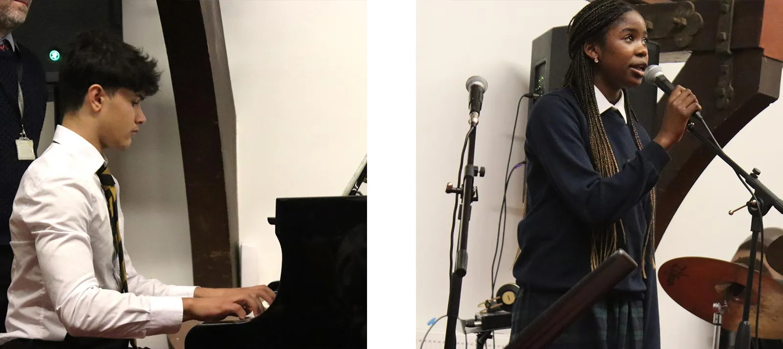 Two in-focus images side by side: on the left, a young girl smiles while drawing with crayons; on the right, a group of children play together at a playground, showcasing joy and teamwork.