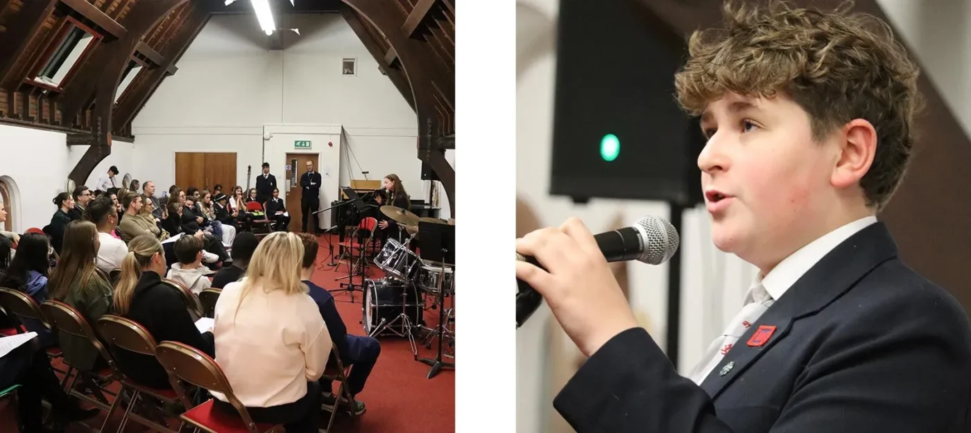 A split image featuring two contrasting scenes: on the left, a vibrant sunlit landscape with green hills and blue skies; on the right, a moody scene with dark clouds and a wintery atmosphere, showcasing snow-covered trees.