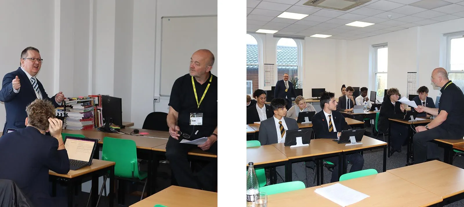 A split image featuring two identical young students wearing school uniforms, smiling and standing together in a classroom setting with colorful educational materials in the background.