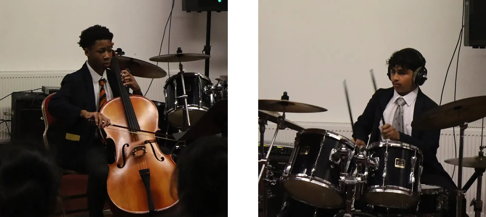 A split image featuring two identical young boys dressed in blue shirts and grey trousers, standing side by side with confident expressions against a scenic outdoor background. The left side displays the boys in a playful pose, while the right side shows them looking directly at the camera.