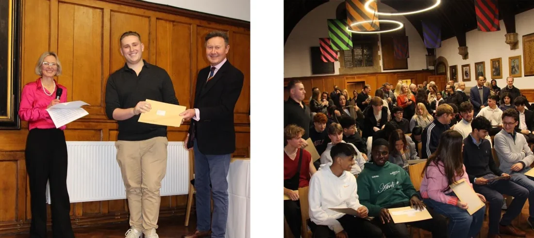 Two side-by-side images: the left shows a wooden bench under a tree with autumn leaves, while the right features a peaceful garden scene with colorful flowers and a clear blue sky.